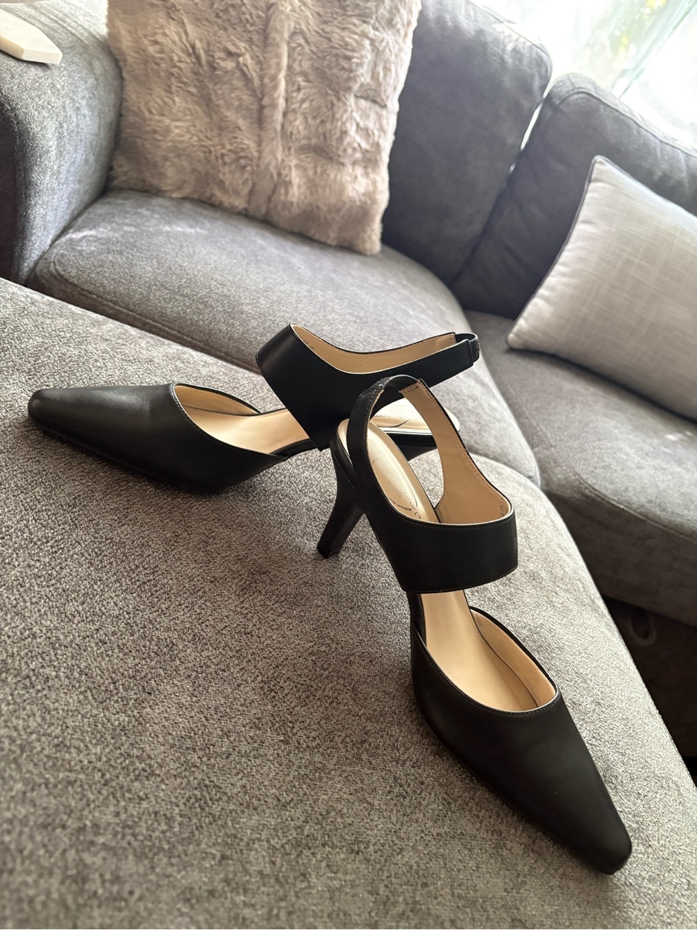 Kali Black Pointed-Toe Mary Jane Heels with Ankle Strap
